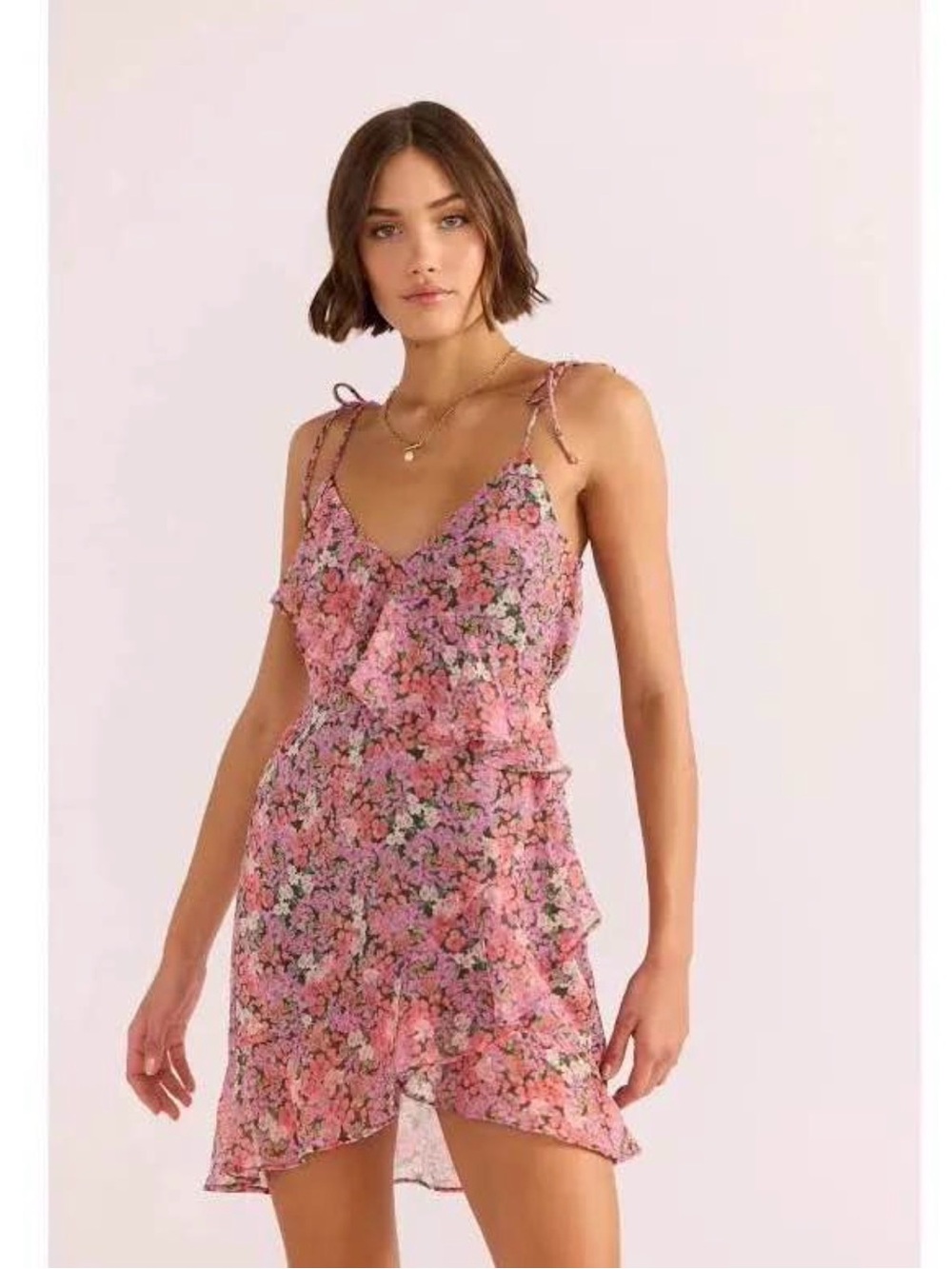 MINKPINK Pink Floral Tie-Shoulder Ruffle Mini Dress